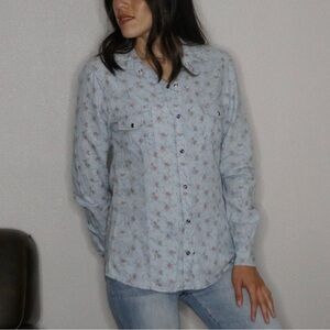 Kiss & Cry Light Blue Floral Linen Chambray Snap Button Shirt Size M